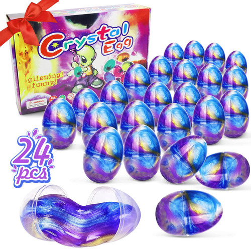 24 Pcs Galaxy Slime Easter Eggs Fillers Slime Eggs Easter Basket Stuffers Rainbow Slime Sensory Slime Toys for Kids Boys Toddlers Party Favors Slime (Purple Blue Gold)