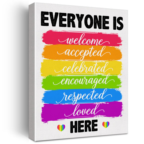 Everyone Is Welcome Here Diversity Wall Art Canvas Painting Print Framed Inclusion Poster Canvas Sign for Classroom Decor (12x15 Inch)