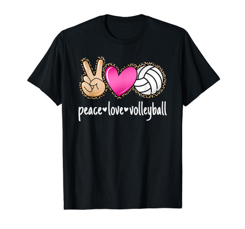 Peace Love Volleyball Leopard Print Women Ladies Volleyball T-Shirt