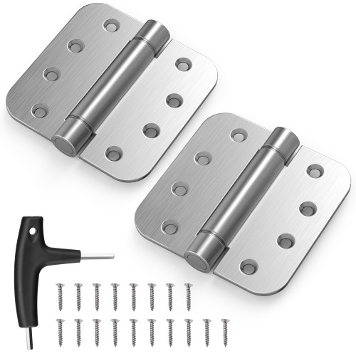 KOLET Self Closing Door Hinges, 4 x 4 Inches Spring Hinges with Auto Close, Stainless Steel Door Hinges for Home and Commercial Use, 5/8" Radius Corners with Adjustable Tension, Brushed Nickel, 2 Pack