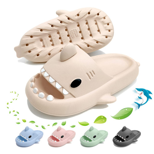 Shark Slides Adult Women Men Kids Shark Slippers, Cloud Shark Slides Summer Beach Sandals Pillow House Slippers Non-Slip Spa Slides Shower Shoes Beige 4445