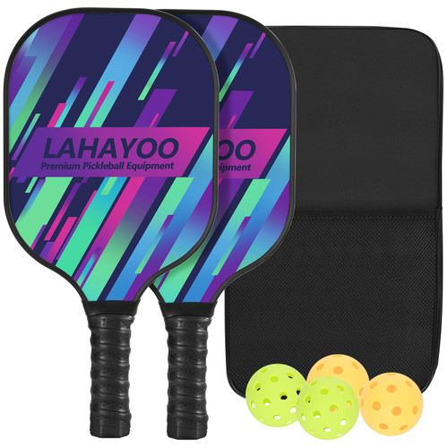 LAHAYOO Pickleball Paddles Set of 2 Fiberglass Surface Pickleball Paddles Lightweight Pickleball Rackets for All Levels with Pickleball Balls & Pickleball Bag