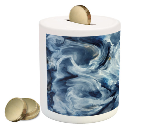 Lunarable Marble Piggy Bank, Grunge Stormy Murky Color Shades Motif Background with Blurry Effects Image, Printed Ceramic Coin Bank Money Box for Cash Saving, Dark and Pale Blue