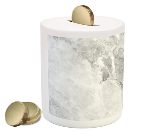 Lunarable Marble Piggy Bank, Retro Marble Pattern with Blurry Color Contrasts Formless and Abstract Wavy Display, Printed Ceramic Coin Bank Money Box for Cash Saving, Grey White