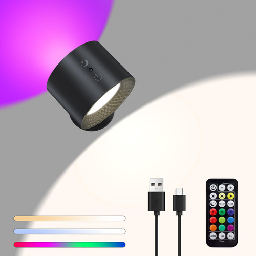AnnBay LED Wall Sconces, Up & Down Wall Mounted Lamps with Battery Operated Bedside Reading, 3 Color Temp & RGB Ambient Lighting, Dimming & Removable, Cordless Wall Light for Bedroom Indoor