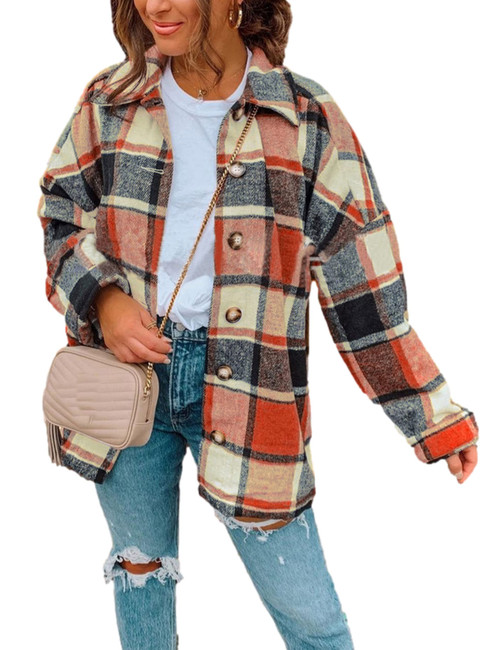 Zontroldy Womens Flannel Plaid Shacket Jacket Casual Fashion Button Down Shirt Coat Jacket Tops(0505-Orange-M)