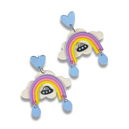 Cute UFO Alien Earrings Handmade Polymer clay under the rainbow cloud kawaii earrings Cute UFO Alien Earrings Handmade Polymer clay under the rainbow cloud kawaii earrings