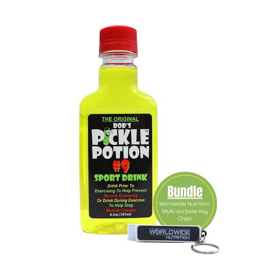 Worldwide Nutrition Bundle, 2 Items: Bob's Pickle Potion 9 Sports Drinks - Electrolyte Drink for Pre-Workout or Post-Workout - 6.3 Oz, Individual Pickle Juice Bottle & Multi-Purpose Key Chain Worldwide Nutrition Bundle, 2 Items: Bob's Pickle Potion 9 Sports Drinks - Electrolyte Drink for Pre-Workout or Post-Workout - 6.3 Oz, Individual Pickle Juice Bottle & Multi-Purpose Key Chain
