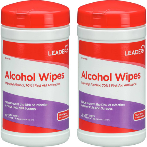 Leader Alcohol Wipes, Alcohol Isopropyl 70%, First Aid Antiseptic Hand Sanitizing Towelettes, 40 Count, Pack of 2 Leader Alcohol Wipes, Alcohol Isopropyl 70%, First Aid Antiseptic Hand Sanitizing Towelettes, 40 Count, Pack of 2