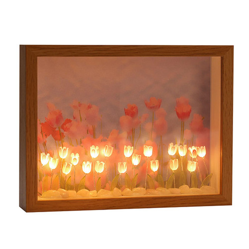 Altsuceser DIY Tulip Night Light, Battery Powered Mini Tulip Tulip Flower Table Lamp, Handmade Simulation Flower Bedside Sleep Light with Stable Base, Need to Assemble Yourself Pink Warm Light Frame