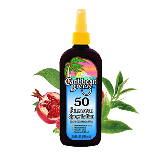 Caribbean Breeze Sunscreen Spray SPF 50 Lotion, Mango Scent Lime Fragrance Tanning Sunscreen Spray, Rich in Anti Oxidants Spray On Sunscreen with Green Tea & Pomegranate Extracts, 8.5 oz (250 ml) Caribbean Breeze Sunscreen Spray SPF 50 Lotion, Mango Scent Lime Fragrance Tanning Sunscreen Spray, Rich in Anti Oxidants Spray On Sunscreen with Green Tea & Pomegranate Extracts, 8.5 oz (250 ml)