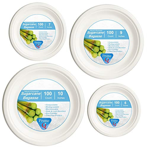 PrimeQ [100 Count] Compostable Salad Plates (7 Inch) made from Bagasse - Sugarcane