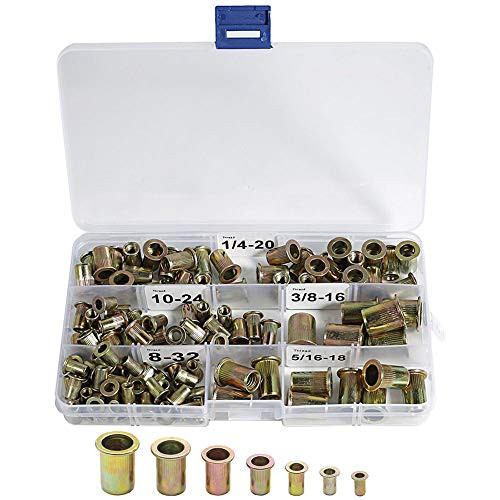 120pcs Carbon Steel Rivet Nuts Threaded Insert Nutsert 5 Sizes 8-32/10-24/1/4"-20 (1/4-20UNC) / 5/16"-18 (5/16-18UNC) / 3/8"-16 (3/8-16UNC) Rivnuts Kit Assortment Zinc Plated