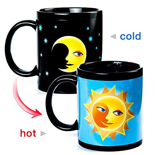 JOEJISN Color Changing Mug Heat Changing Mug Heat Sensitive Mug Heat Reveal Ceramic Coffee Mugs Funny Coffee Mug Tea Mugs & Coffee Cups Comes in a Fun Gift Box, Moon And Sun