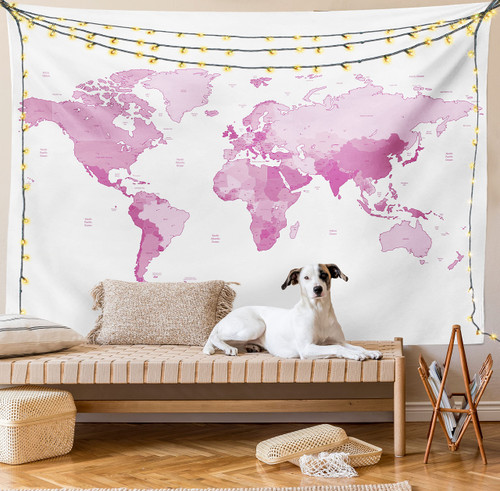 Ambesonne Pale Pink Tapestry, World Map Continents Island Land Pacific Atlas Europe America Africa, Wide Wall Hanging for Bedroom Living Room Dorm, 60" X 40", White Pale Pink