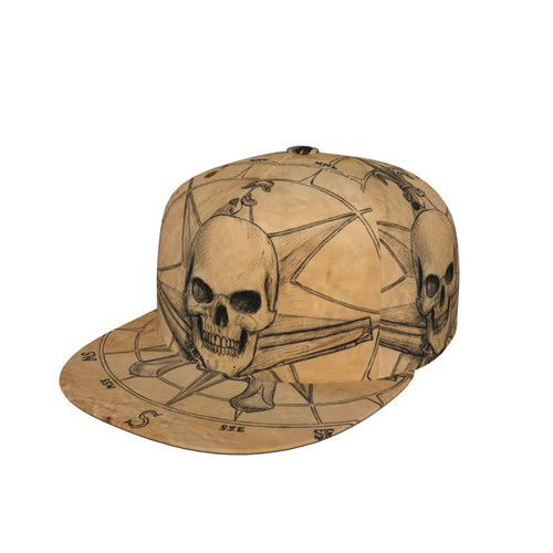 AuLYn Pirate and Skull Compass Flat Brim Baseball Cap,Men Women Snapback Hats Adjustable Trucker Hats