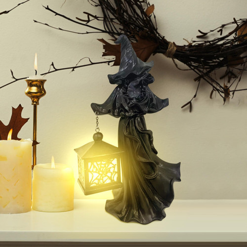 Cracker Barrel Ghost - Halloween Cracker Barrel Witch with Led Lantern, Scary Hell's Messenger with Lantern,Vintage Resin Halloween Witch Statues for Home Office Desk Outdoor Garden Yard Decor (Black)