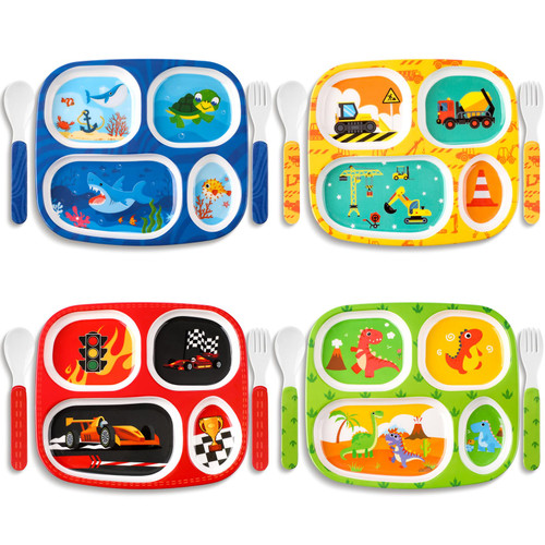 Hoolerry 4 Set Melamine Dinner Plate for Kids Boys Dinnerware Divided Plates with Fork and Spoon namely shark, dinosaur, racing car and vehicle, Kids Dishes for Top Rack Dishwasher Safe(Cool)