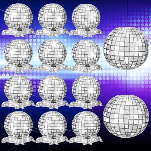Bencailor 12 Pcs Disco Paper Lanterns 70s Retro Hanging Decorative Lantern with Stand 12 inch Silver Disco Ball Lantern Round Table Lanterns for Disco Party Supplies Centerpieces Anniversary Birthday