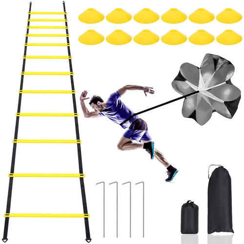 Agility Ladder Speed Ladder Training Ladder, 12 Rung 20Ft Adjustable Agility Ladder, 12 Disc Cones, 4 Steel Stakes, Resistance Parachute with Carry Bag for Speed Training, Football, Soccer, Footwork Agility Ladder Speed Ladder Training Ladder, 12 Rung 20Ft Adjustable Agility Ladder, 12 Disc Cones, 4 Steel Stakes, Resistance Parachute with Carry Bag for Speed Training, Football, Soccer, Footwork