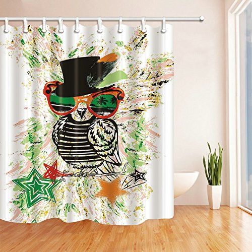 AMHNF Shower Curtain Personality Doodle Black Green Owl Creative Simple White Shower Curtains 70x70 Inch Home Waterproof Mildew Antibacterial Hanging Curtains