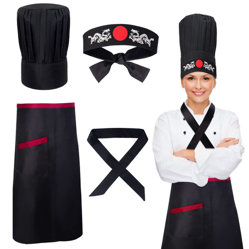 Keymall Hibachi Chef Hat Teppanyaki Tall Chef Cap with Hachimaki Headband Tie Apron for Hibachi Party Chef Costume Black