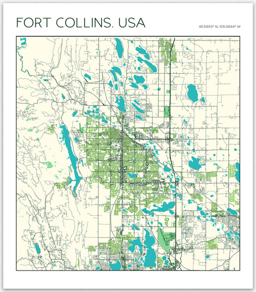 Fort Collins USA Vintage Map Poster Fort Collins USA Map Art / America Vintage Map Poster Artwork Wall Art, Fort Collins Colorado CO USA America Map Wall Art Print & Fort Collins City Road Gift Map (12 x 16, Green)
