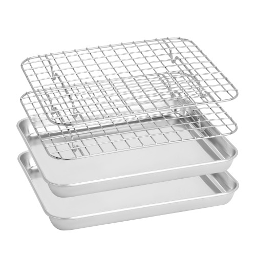 BIEAMA Baking Sheet with Grid Rack Set (2 Pans + 2 Racks), 10 x 8 x 1" Stainless Steel Cookie Sheet with Cooling Rack, Nonstick Baking Pan Oven Tray and Rack