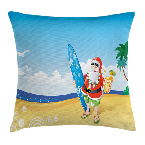 Ambesonne Christmas Throw Pillow Cushion Cover, Santa Claus on The Beach Surfboard Summer Party Celebration Tropical Art, Decorative Square Accent Pillow Case, 18" X 18", Yellow Blue