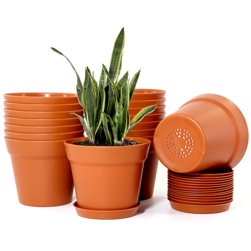 WOUSIWER 16 Pack 6 inch Plastic Planters, Plastic Indoor Planter Flower Pots, Heavy Duty and Stylish 6 Inch Plant Pots for Indoor Plants with Drainage Holes and Tray for Plants, Flowers, Terracotta
