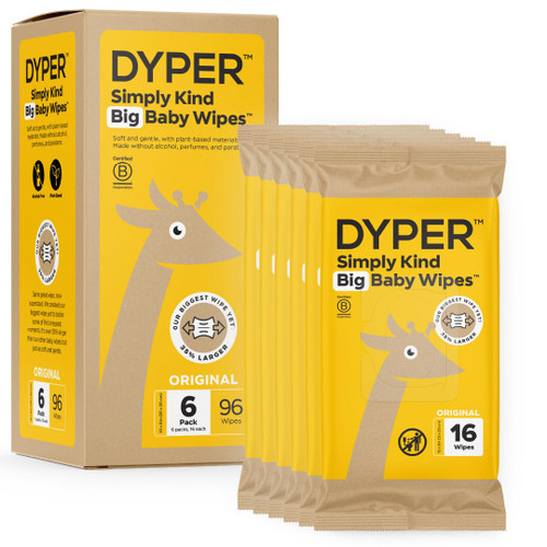 DYPER Big Baby Wipes, XL Bathing Wet Wipes, 99% Water Wipes, 100% Plant-Based, Hypoallergenic for Sensitive Skin, 6 Pack, 96 Wipes