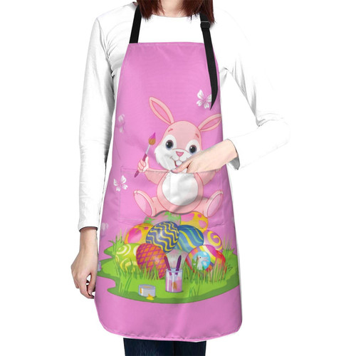 Cute Easter Rabbit & Eggs Apron Adjustable with 2 Pockets Bunny Easter Gift Kitchen Baking Gardening Work Apron