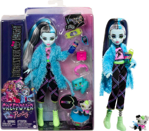 Monster High Doll and Sleepover Accessories, Frankie Stein Doll with Pet Dog Watzie, Creepover Party