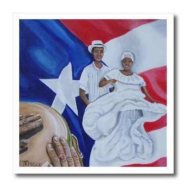 3dRose Melissa A. Torres Art Puerto Rico - A Couple of Bomba Dancers, a Conga, and Puerto Rican Flag as Background - 10x10 Iron on Heat Transfer for White Material (ht_160389_3)