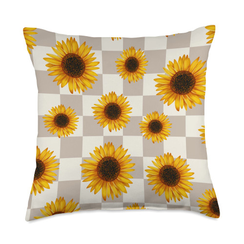 Light Beige Checkerboard Cool Designs Light Beige Classic Checkered Sunflowers Checkerboard Throw Pillow, 18x18, Multicolor