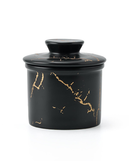 XELA Ceramic Butter Crock, French Butter Dish for Counter, Butter Keeper With Water Line for Fresh Spreadable Butter- Black Golden