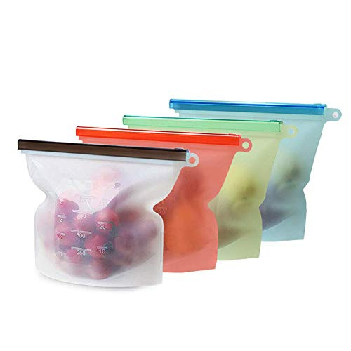 Reusable Silicone Food Bag  4 Medium Reusable Sandwich, Snack, Sous Vide, Leftovers, Baby Food Bag,Airtight Ziplock Storage Container,No More Plastic,Freezer(1000ml, Pack of 4)