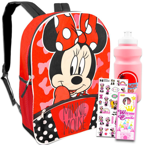 Disney Minnie Mouse Backpack for Girls, Kids ~ 3 Pc Back to School Bundle With 16" Minnie School Bag, Water Bottle, Stickers | Minnie Mouse School Supplies Set