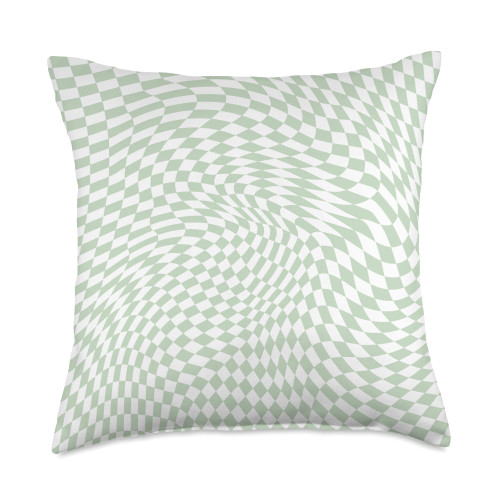 Light Green Sage Wavy Checkerboard Cool Designs Light Green Sage Wavy Checkered Trippy Swirl Checkerboard Throw Pillow, 18x18, Multicolor