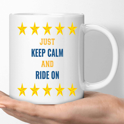 Unique Design for Bicycle Enthusiasts - Keep Calm and Ride on - Cool Grey and Colors - Gift for Bike Lovers - 11 Oz White Ceramic Coffee Mug