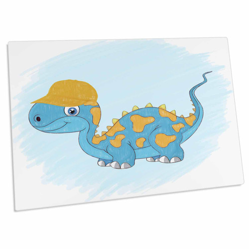3dRose Blue Dinosaur with Yellow Spots and Hat in Crayon for... - Desk Pad Place Mats (dpd-240166-1)