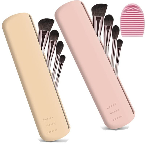 Fumxincg 2 Pack Travel Makeup Brush Holder,Make Up Organizer Bag Case with Makeup Brush Cleaning Pad,Cosmetic pouch,Toiletry Organizer,Silicon Small Makeup Brush Bag Purse Portable Cosmetic Face