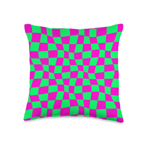 Cool Checkered Designs by LOU Pink and Green Wavy Checker Checkerboard 80s Throw Pillow, 16x16, Multicolor