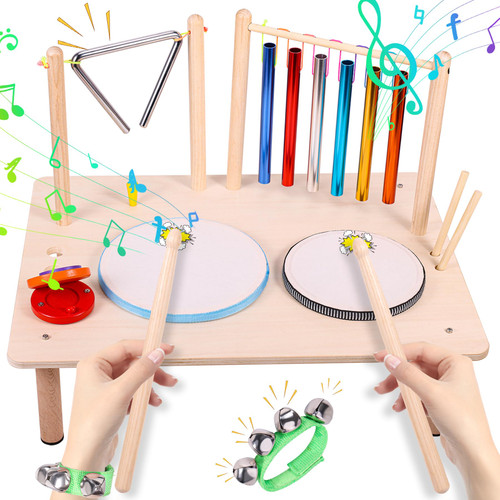 Kids Drum Set for Toddlers Musical Instruments Baby Drum Set 8 in 1 Musical Toys with Chime Bar and Triangle Percussion, Wooden Drum kit Educational Sensory Toys Gifts for Children Boys Girls