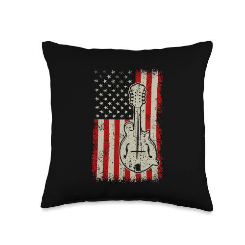 Mandolin Player Gifts for Bluegrass Lovers Vintage Mandolin Country Music Bluegrass American Flag Throw Pillow, 16x16, Multicolor