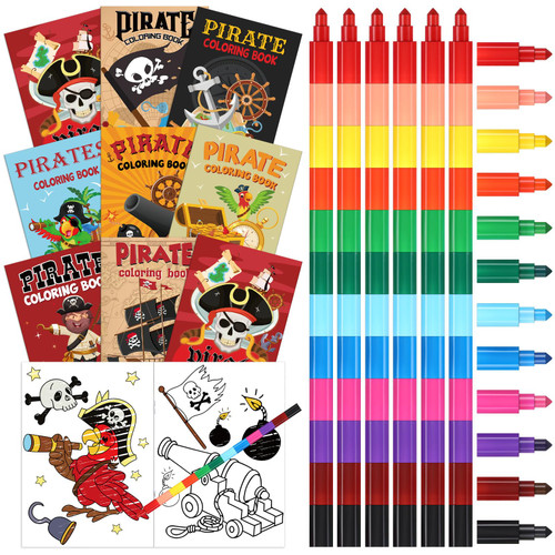 Funrous 24 Pcs Pirate Coloring Books Bulk with 24 Stacking Crayons Nautical Party Favors Set Skull Pirate Ship Coloring Book Pirate Activity Books for Girls Boys Halloween Pirate Party favor Supplies