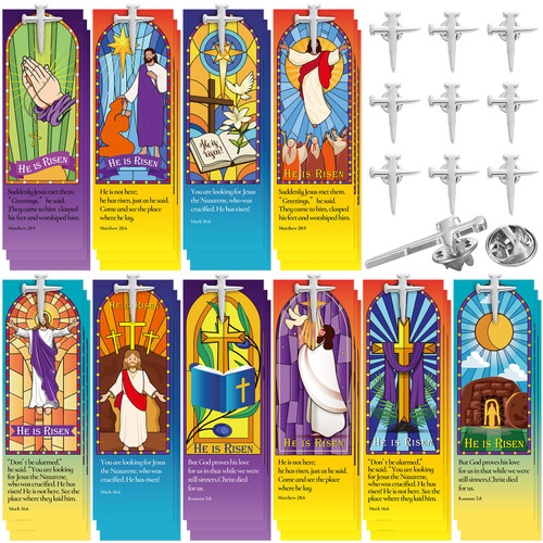 Dispowreath 30 Sets He is Risen Nail Cross Pin and Bookmarks Bulk Easter Religious Bible Bookmarks Cross Lapel Pin for Kids Easter Christian Egg Fillers Church Sunday School Classroom Rewards Supplies