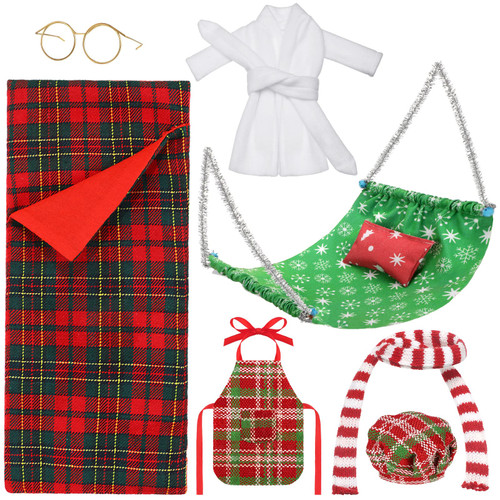8 Pcs Christmas Elf Doll Accessories Set with Christmas Sleeping Bag, Bathrobe, Apron and Chef Hat, Scarf, Glasses, Christmas Elf Hammock Xmas Accessory for Doll Decorations (Fresh Style)