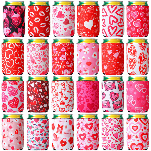 Zhehao 24 Pieces Valentine's Day Can Cooler Sleeves 12 oz Neoprene Can Sleeves Valentines Heart Lip Insulated Colorful Funny Beer Can Cooler for Bottle Drink Party Beverage Decoration (Heart)