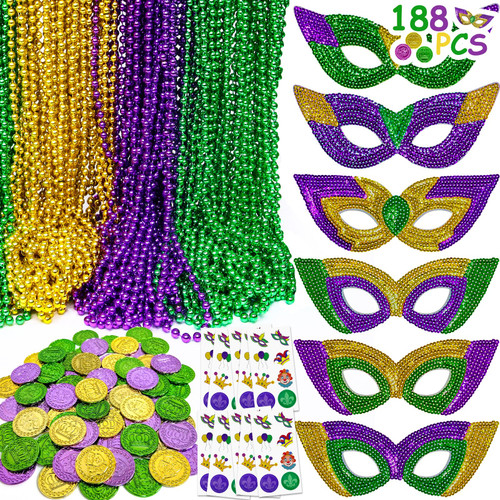 188 Pcs Mardi Gras Accessories Set Party Favor Supplies with 24 Mardi Gras Beads Necklace 6 Sequin Masquerade Mask Purple Green Gold 78 Mardi Gras Coins Bulk 80 Tattoo Stickers Mardi Gras Parade Decor